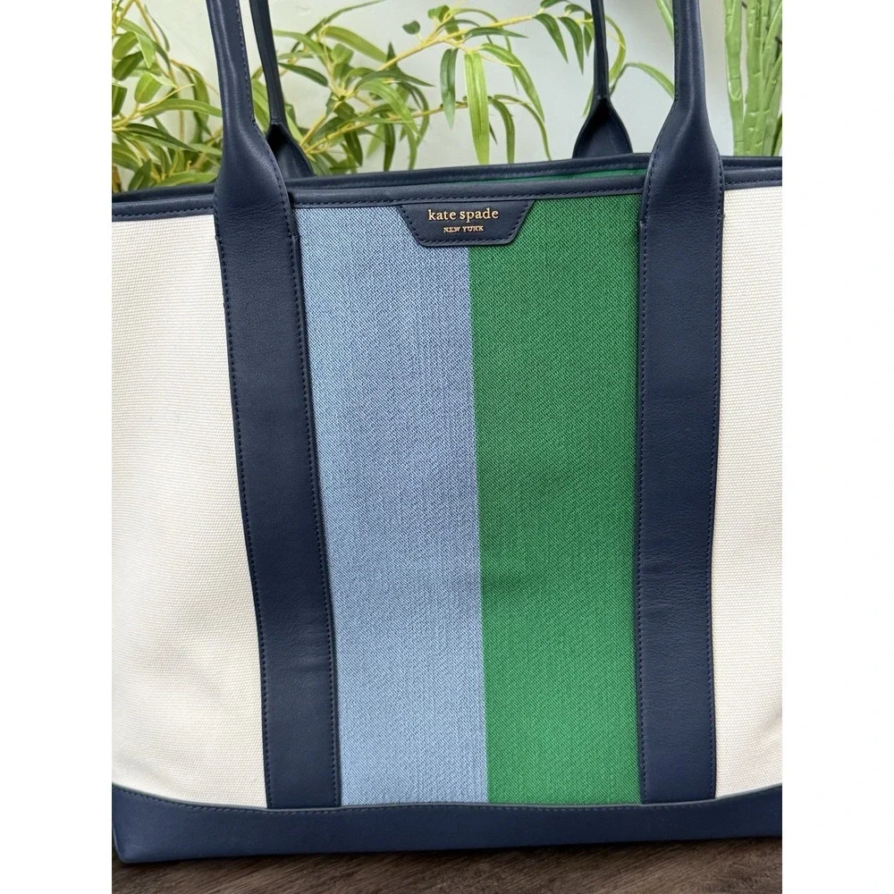 Kate Spade Canvas Racing Stripe Large Tote Bag Cream/Navy Green/Blue Stripe EUC